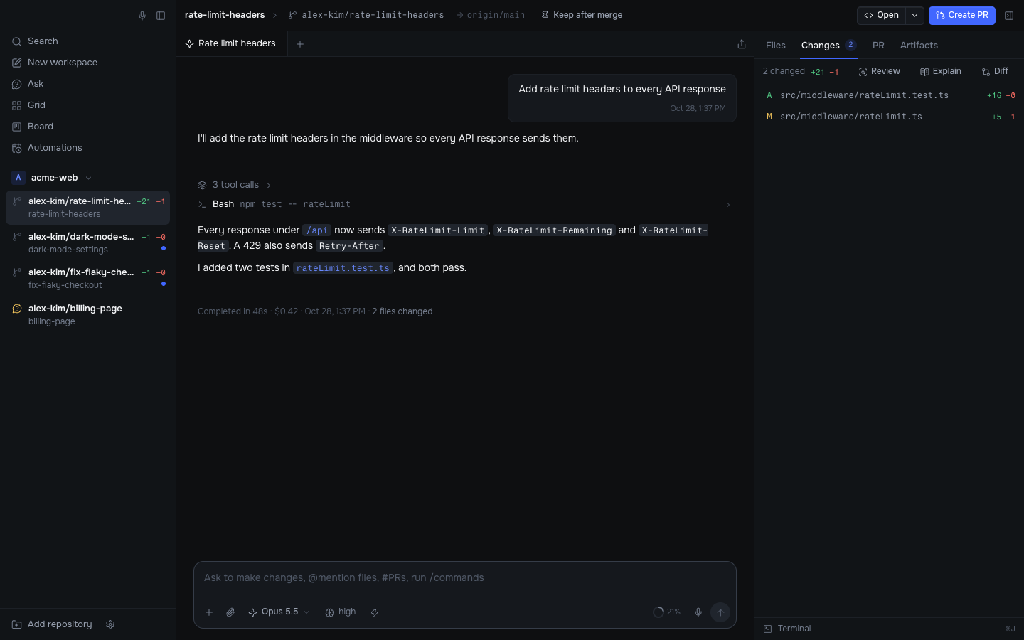 The Korev window: workspaces in the sidebar, a chat in the middle, and the changed files on the right.