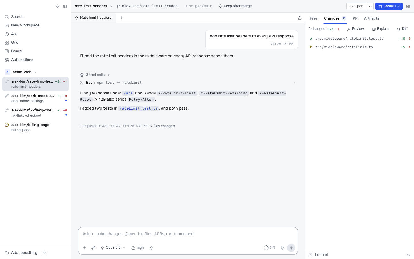 The Korev window: workspaces in the sidebar, a chat in the middle, and the changed files on the right.